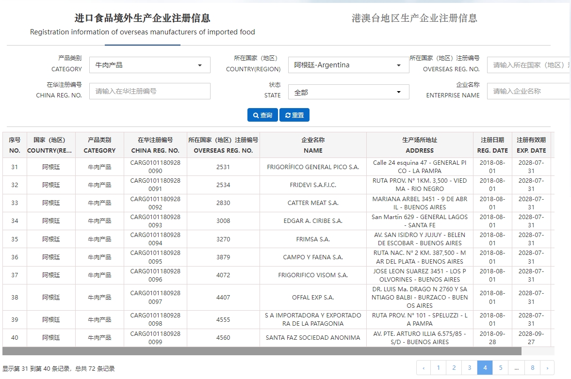 阿根廷輸華肉類企業(yè)名單-牛肉